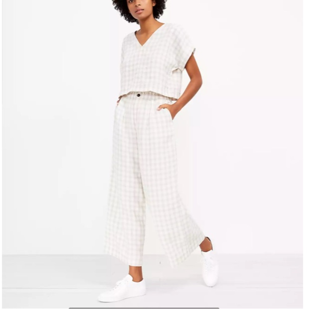 Lou & Grey Gingham Linen Wide Leg Pants Light Gray